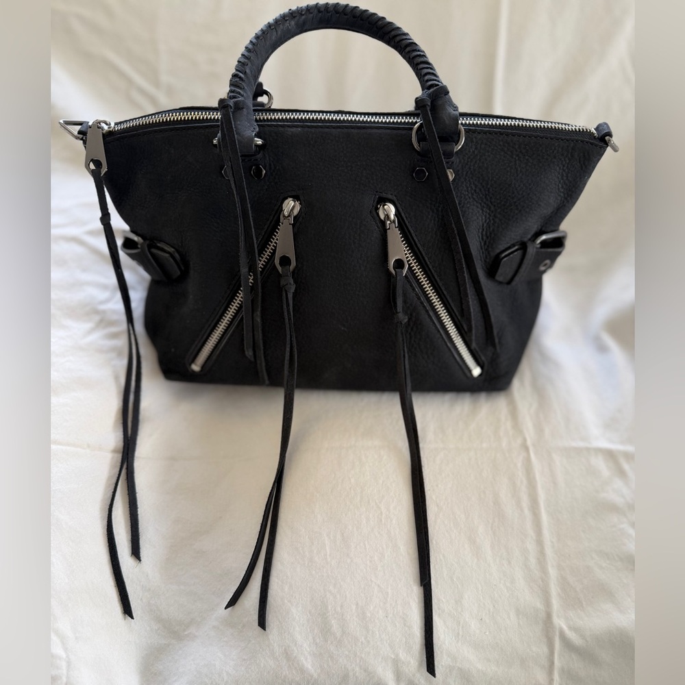 Rebecca Minkoff Black Pebbled Suede  Moto Satchel Crossbody Top Handle Handbag